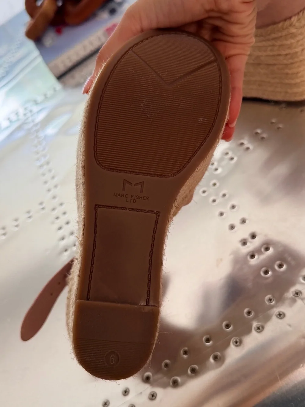 Marc Fisher Tan Espadrille Wedge Sandals with Ankle Buckle